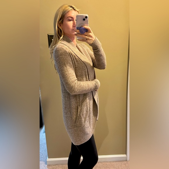 Barefoot Dreams CozyChic Lite Circle Cardigan in Heather Cocoa/Pearl (Rare) - Picture 3 of 12